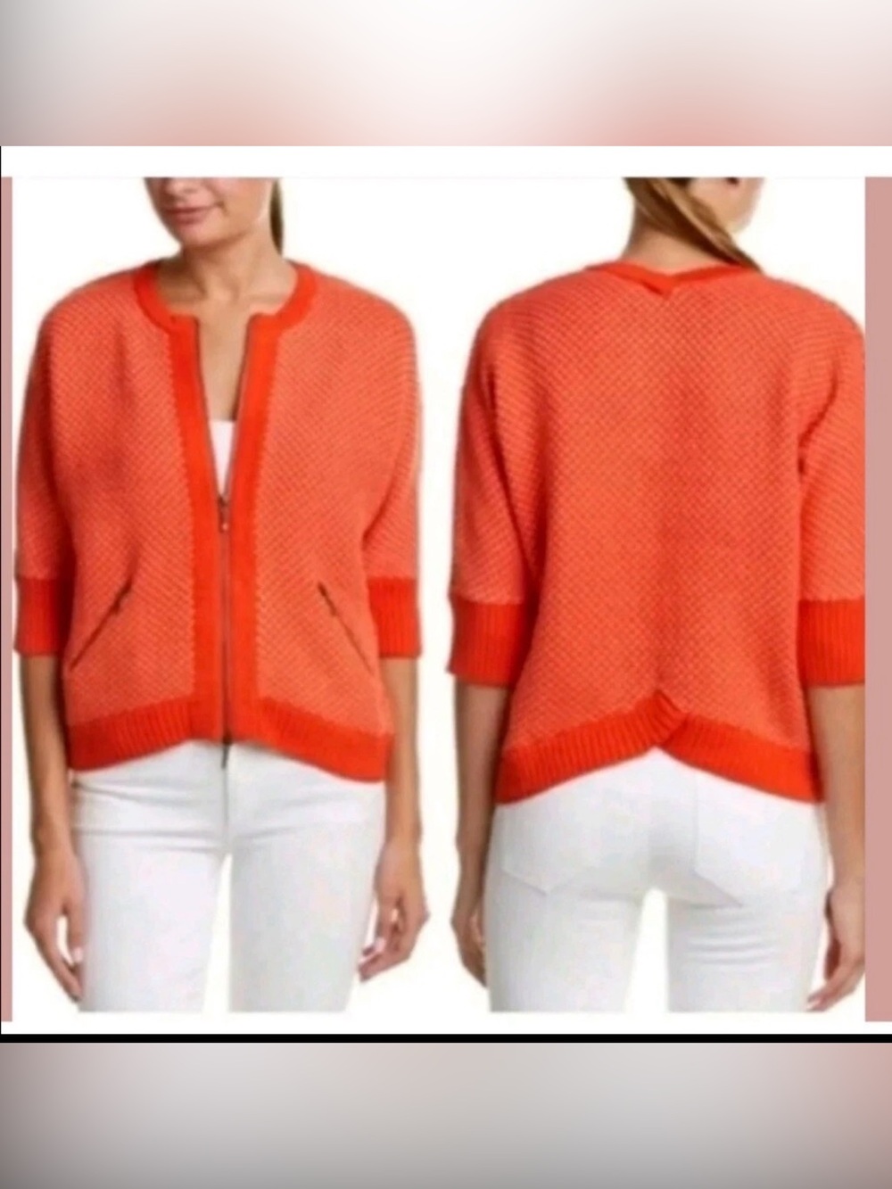 CAbi #195 Red/Orange Textured Zip-Front Short-Sleeve Cardigan - Picture 1 of 7